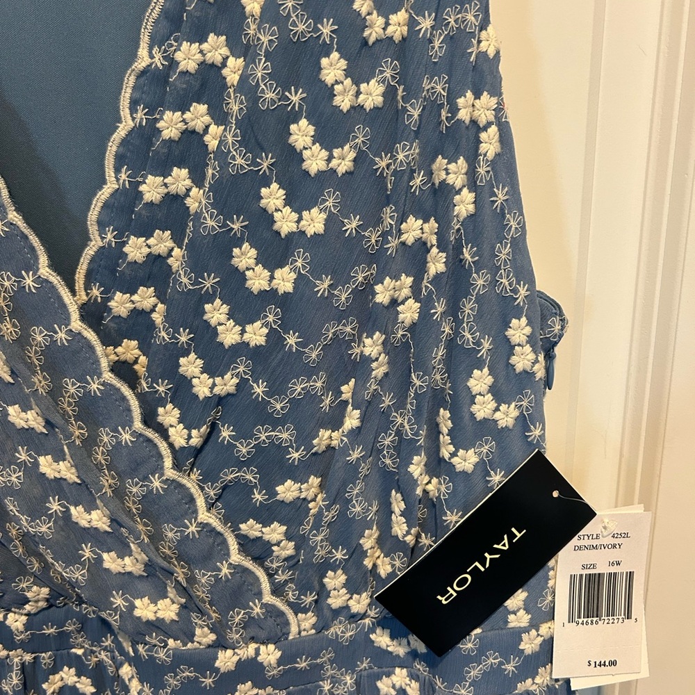Taylor Powder Blue Dress with Cream Embroidered Trim